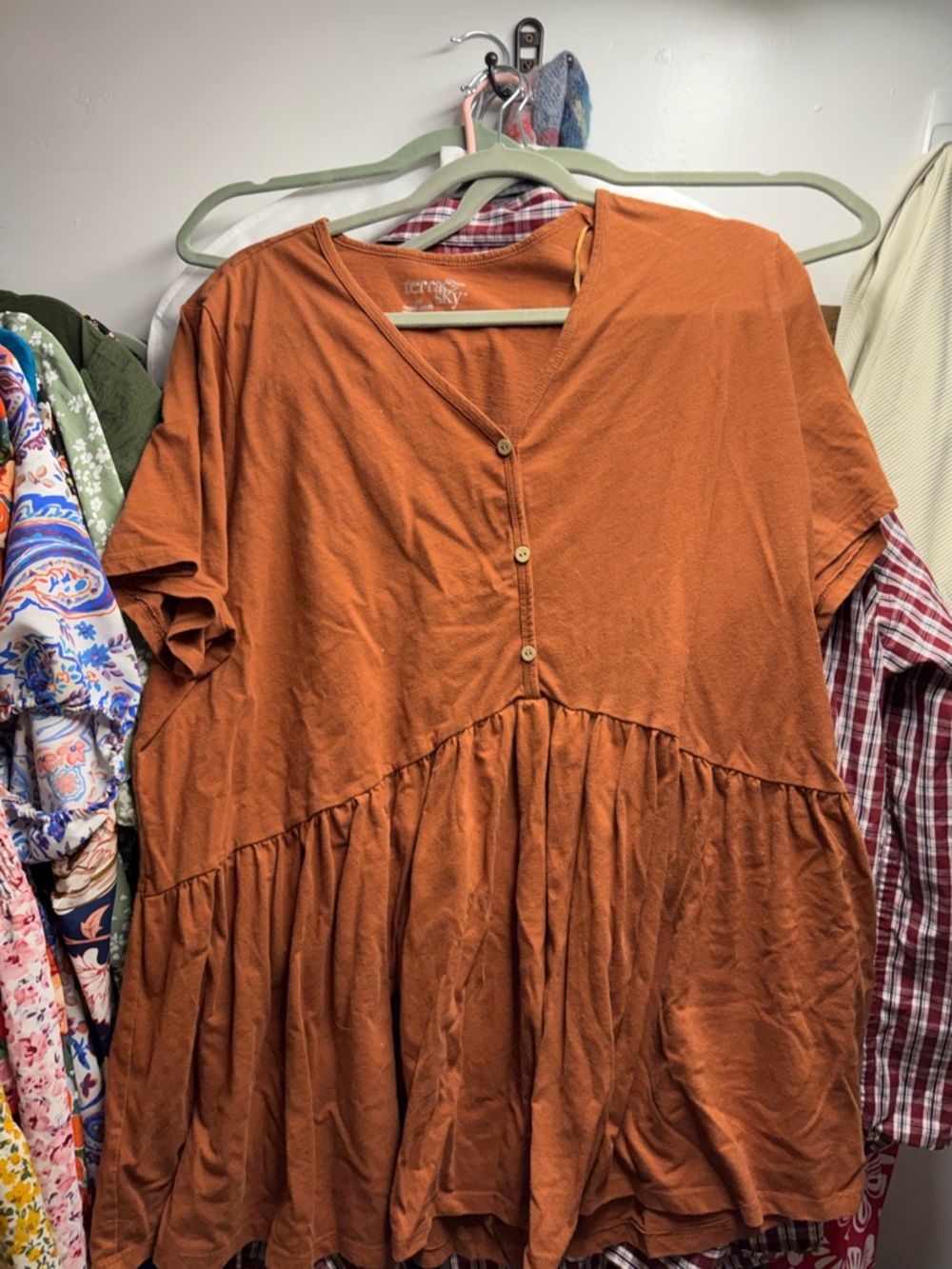 Terra & Sky Burnt Orange Button-Front Peplum Tunic